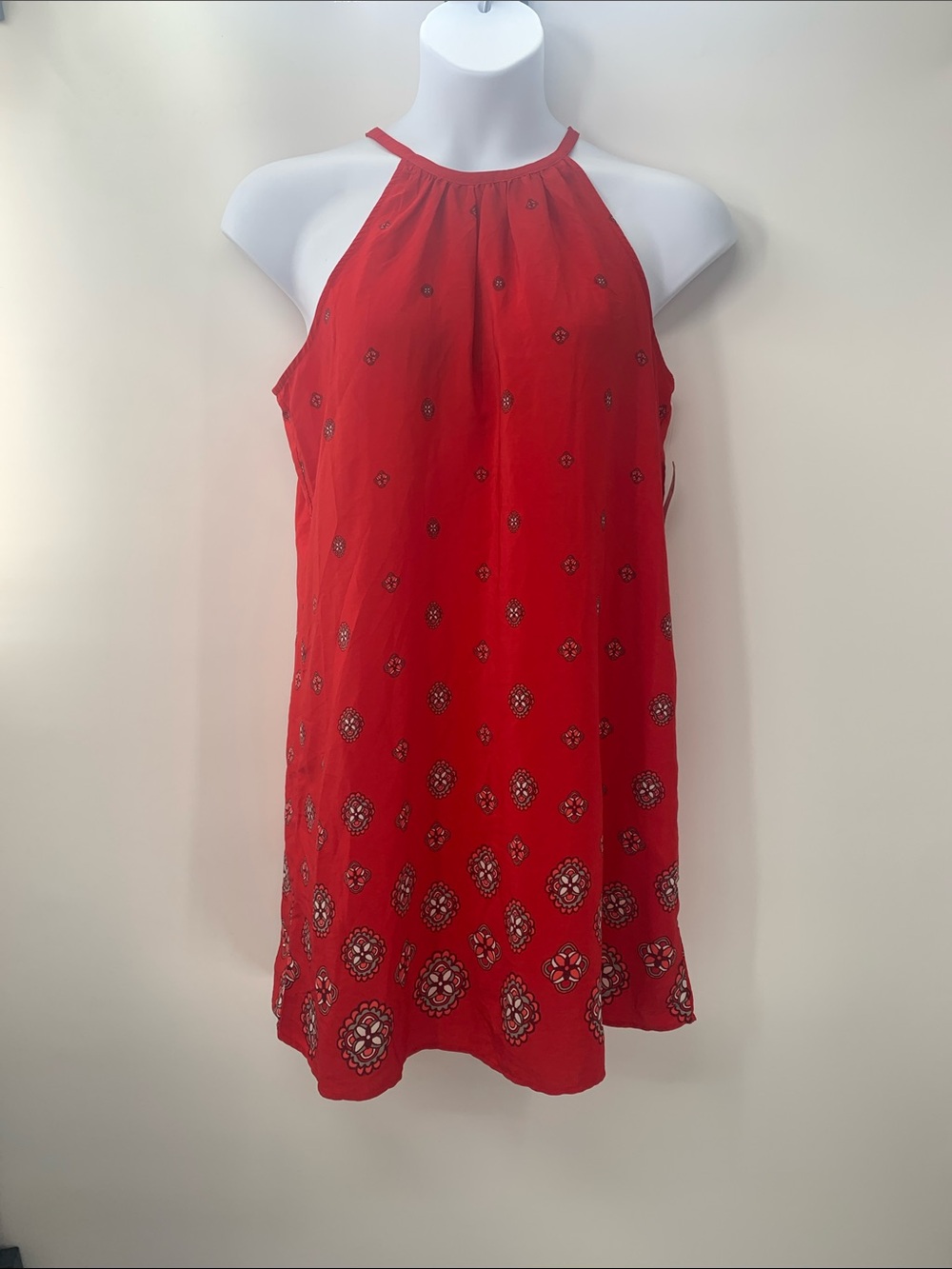 Vintage Old Navy Red Halter Neck Embroidered Style Shift Dress Size L
